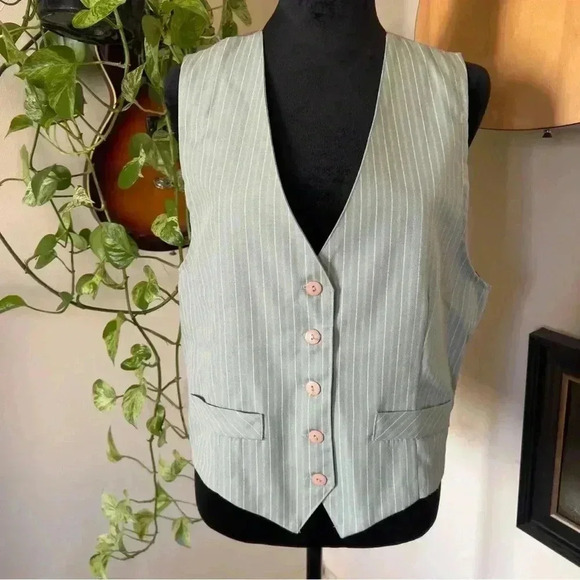 Vtg 80s 90s Petite Sophisticate Union Made Green Stripe Vest - Size 12 - Picture 1 of 7